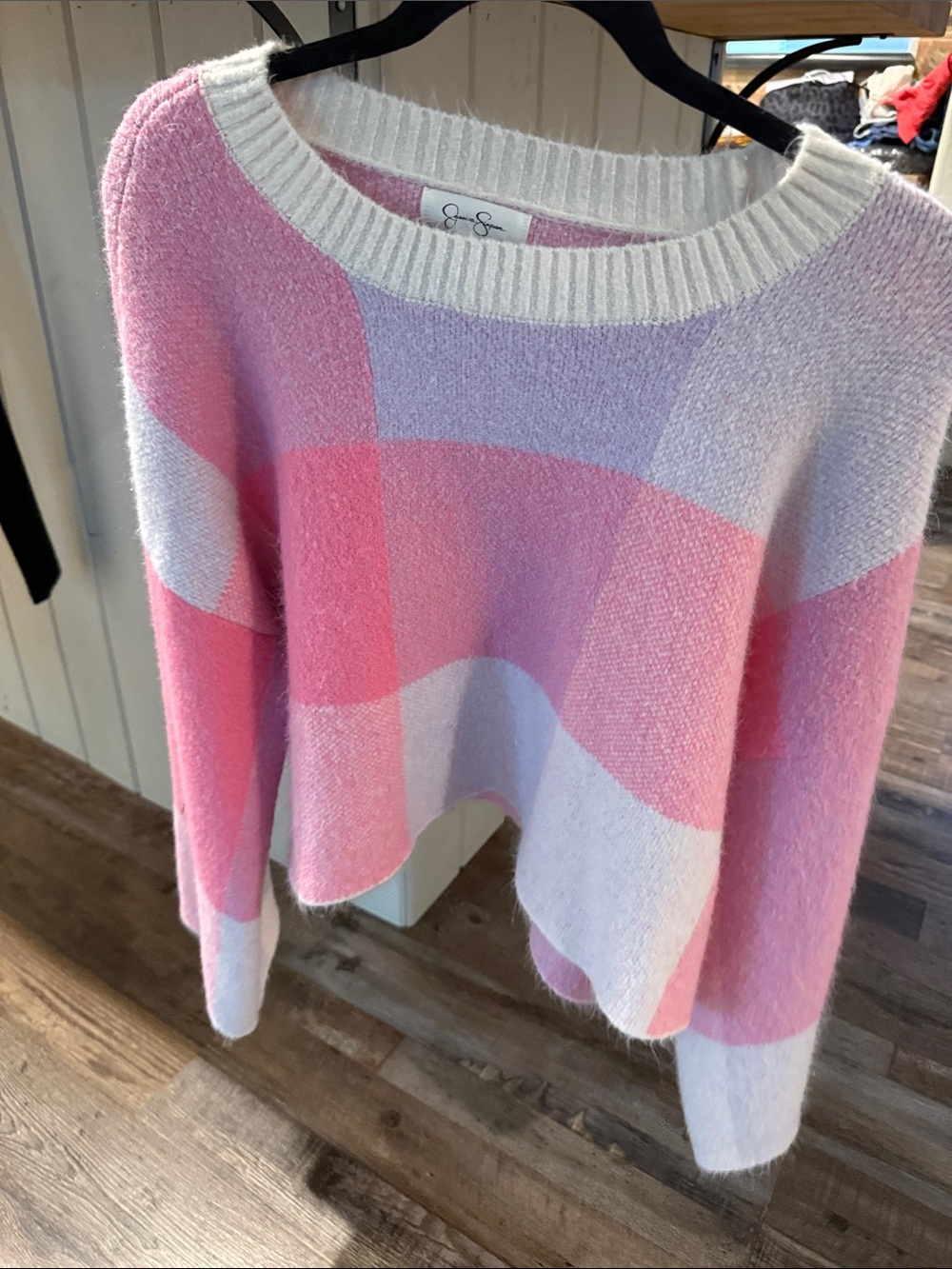 Jessica Simpson Pink and Cream Colorblock Crew Neck Sweater